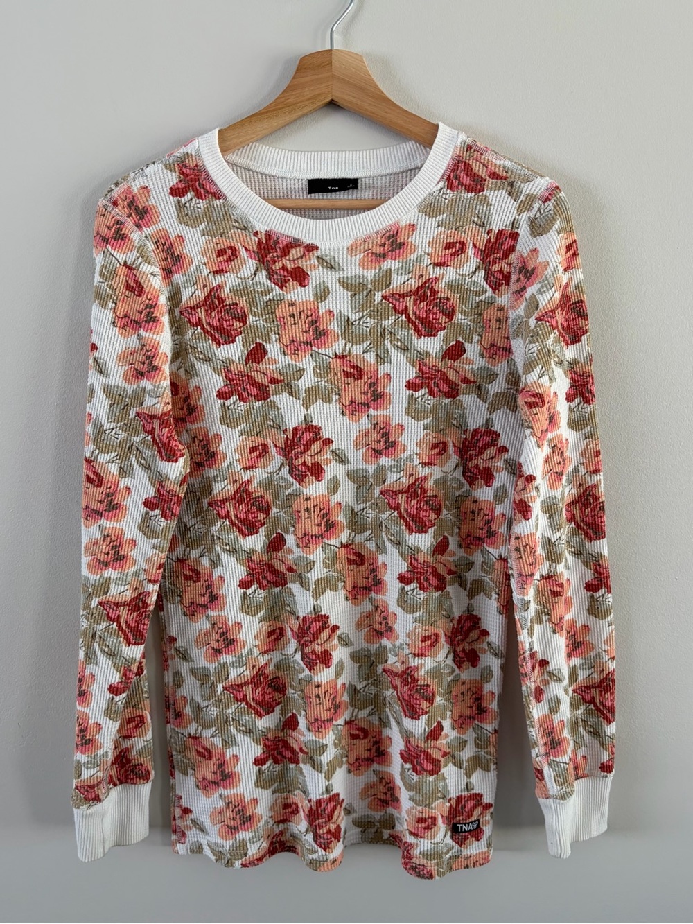 TNA Floral Waffle Knit Long Sleeve Top - White with Red & Peach Roses